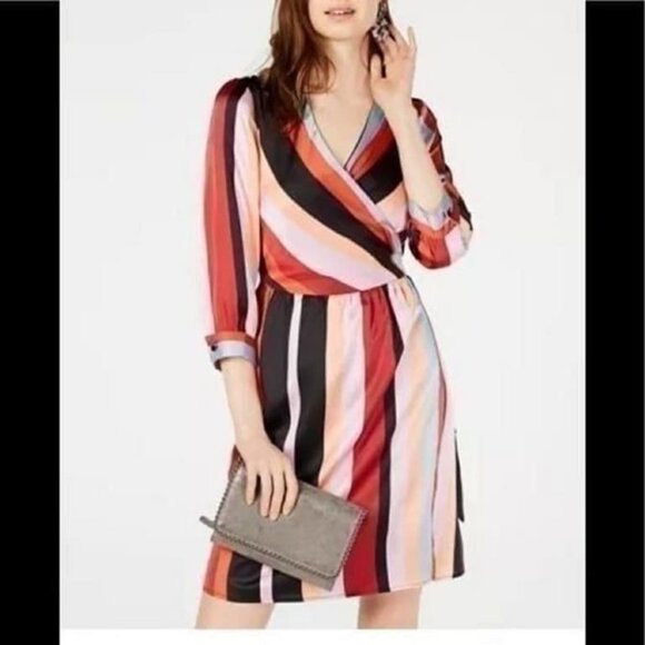 Bar III Striped Multi-Colored Wrap Midi Dress - Picture 1 of 6